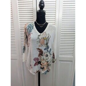 J. Jill Linen Blend Loose Knit Sweater Women's S Cream Floral V-Neck Beachy Top